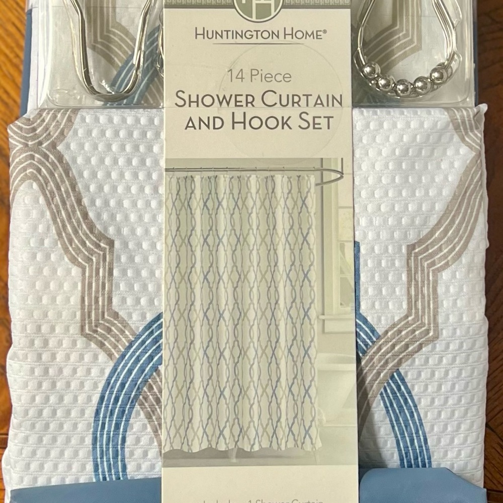NEW Shower Curtain Set w/solid blue plastic liner, cloth curtain & 12 hooks